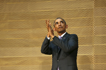 U.S. President Barack Obama applauds the assembly at the end of his remarks to the African Union in Addis Ababa, Ethiopia July 28, 2015. Obama toured a U.S.-supported food factory in Ethiopia on Tuesday on the last leg of an Africa trip, before winding up his visit at the African Union where he will become the first U.S. president to address the 54-nation body.