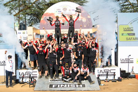 Sébastien Ogier and his team celebrate their 2021 Safari Rally win.