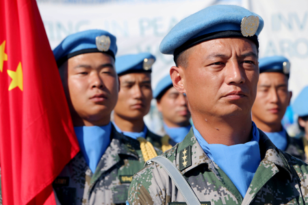 Chinese Peacekeepers in the United Nations Mission to South Sudan (UNMISS) parade in Juba.