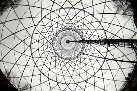 Looking up at the Shukhov tower from its base