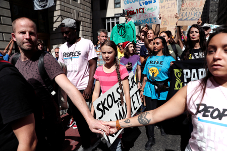 Sixteen year-old Swedish climate activist Greta Thunberg takes part in a demonstration as part of the Global Climate Strike in lower Manhattan in New York on Sept. 20.