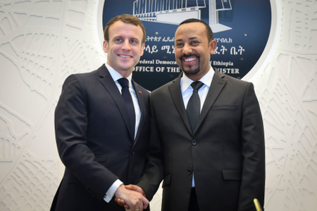 President of France Emmanuel Macron (L) and the Prime Minister of Ethiopia Abiy Ahmed (R) shake hands as they pose for photographers during their meeting at the premier&#039;s office in Addis Ababa, Ethiopia, 12 March 2019. Macron is in the country after visiting Djibouti during his four-day tour of the East African countries that will also take him to Kenya the following day. His first visit to the region aims to strengthen bilateral relationships with non-Francophone African nations. French President Emmanuel Macron visits Ethiopia, Addis Ababa - 12 Mar 2019