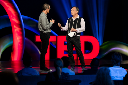 Jeff Dean and Host Chris Anderson speak at TEDMonterey on August 3, 2021. TEDMonterey: The Case for Optimism. August 1-4, 2021, Monterey, California.