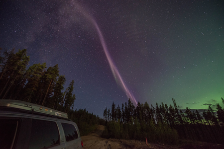 A pink Steve against a dark sky with green northern lights.