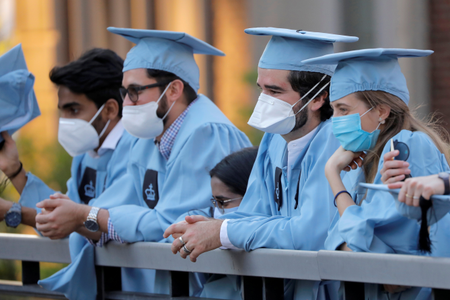 Graduating students from Columbia University gather day before their online graduation ceremony on May 15.