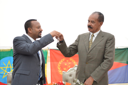 Abiy Ahmed and Isaias Afwerki Re-opening of the Eritrean embassy in the Ethiopian capital Addis Ababa, Ethiopia - 16 Jul 2018 Ethiopia&#039;s Prime Minister Abiy Ahmed (L) and Eritrea&#039;s President Isaias Afwerki (R) attend the re-opening of the Eritrean embassy in the Ethiopian capital Addis Ababa, Ethiopia, in a brief ceremony 16 July 2018. The leaders declared their &#039;state of war&#039; over one week ago and Isaias spent the weekend in Ethiopia. Eritrea reopened its embassy in Ethiopia 16 July in further evidence of a rapid thaw between two countries that a week ago ended two decades of military stalemate over a border war in which tens of thousands died.