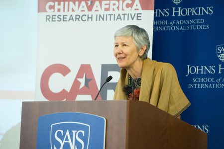 China-Africa expert Deborah Bräutigam is pictured lecturing.