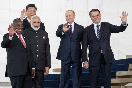 South Africa&#039;s President Cyril Ramaphosa, China&#039;s President Xi Jinping, India&#039;s Prime Minister Narendra Modi, Russia&#039;s President Vladimir Putin and Brazil&#039;s President Jair Bolsonaro pose for a photo at the BRICS summit in Brazil in 2019.