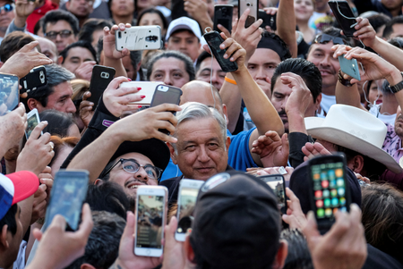 Mexican politician Andres Manuel Lopez Obrador, leader of the National Regeneration Movement (MORENA) party arrives for a meeting at Plaza Olivera in Los Angeles, California