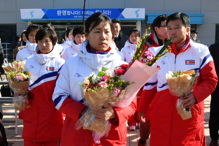 North Korean women&#039;s ice hockey players arrive at the South Korea&#039;s national training center on January 25, 2018 in Jincheon, South Korea.