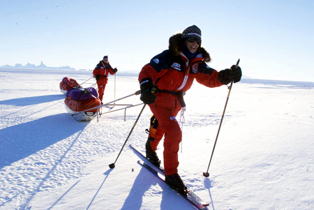 Arnesen (left) and her partner Ann Bancroft of Scania, Minn., leads her partner Liv Arnesen of Norway, as they test their 250-pound (113 kilogram) sled in Blue One, Antarctica Monday Nov. 13, 2000. Bancroft and Arnesen are scheduled to set off Tuesday as they attempt to become the first women to ski unaided across the frozen continent of Antarctica.