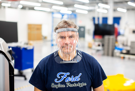 REDFORD, MI. Mar. 24, 2020 – Dave Jacek, 3D printing technical, wears a prototype of a 3D-printed medical face shield printed at Ford’s Advanced Manufacturing Center. Ford Motor Company, joining forces with firms including 3M and GE Healthcare, is lending its manufacturing and engineering expertise to quickly expand production of urgently needed medical equipment and supplies for healthcare workers, first responders and patients fighting coronavirus.