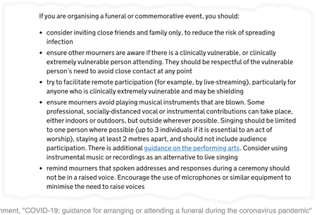 Some of the UK government&#039;s rules for organizing funerals during a pandemic.