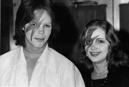 Two fans of glitter-rock singing star David Bowie wears makeup at Bowie&#039;s weekend concert at New York&#039;s Radio City Music Hall, Nov. 3, 1974.