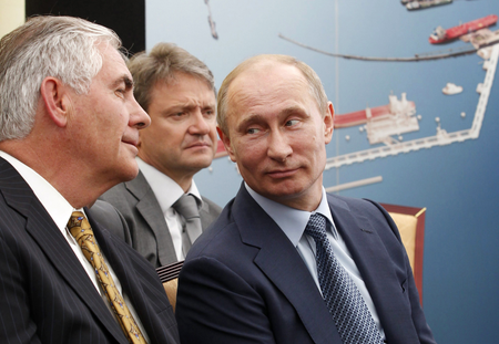 A file picture dated 15 June 2012 shows Russian President Vladimir Putin (R), Krasnodar region Governor Alexander Tkachev (C) and ExxonMobil Chairman and CEO Rex Tillerson (L) attend a ceremony of signing an agreement between Rosneft and ExxonMobil on joint development of hard-to-access reserves in western Siberia at the Tuapse Refinery in Tuapse, Krasnodar region, Russia. According to reports from 10 December 2016, Tillerson is tipped the top candidate for US Secretary of State as US President-elect Donald Trump continues to fill in key positions in his new administration.