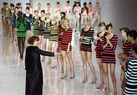 Designer Sonia Rykie is applauded by her models after her Spring/Summer 2001 ready to wear collection in Paris, October 12, 2000. Fashion week ends October 14.