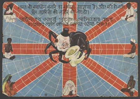 With Churchill at the centre of a spider&#039;s web surrounded by peace-loving locals, a poster calls for Indians to &quot;...awake, arise and destroy the English shackles.”