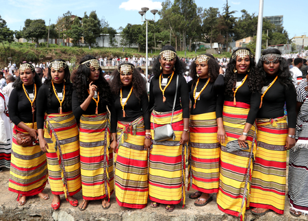 Ethiopian Oromo women dressed in a traditional costumes take part in the Irreecha celebration, the Oromo People thanksgiving ceremony in Addis Ababa, Ethiopia. October 5, 2019.