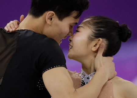Ryom Tae Ok and Kim Ju Sik of North Korea perform in the pairs free skate figure skating final in the Gangneung Ice Arena at the 2018 Winter Olympics in Gangneung, South Korea, Thursday, Feb. 15, 2018.
