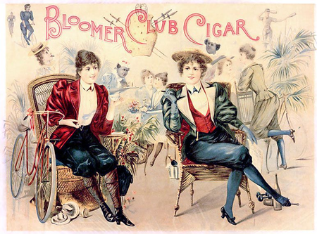 An 1890s caricature of women in bloomers featured on the lid of a cigar box