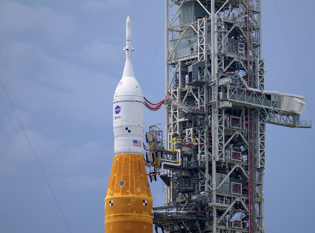 The Orion space capsule on top of the Space Launch System rocket.