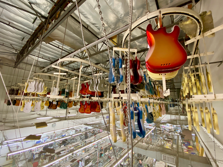 Guitar bodies in storage at the Fender plant