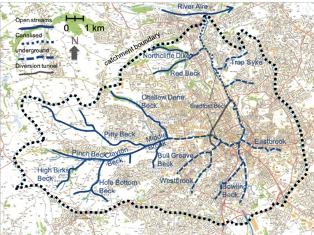 A map showing where the Bradford Beck flows