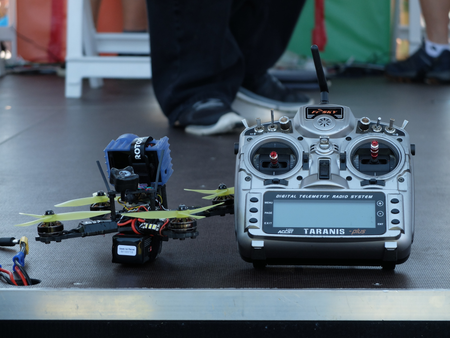 A standard FPV drone and radio controller found at the Drone Nationals.
