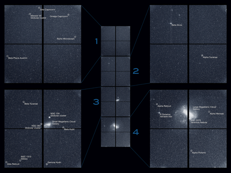 The Transiting Exoplanet Survey Satellite (TESS) captured this strip of stars and galaxies in the southern sky during one 30-minute period on Tuesday, Aug. 7. Created by combining the view from all four of its cameras, this is TESS’s “first light,” from the first observing sector that will be used for identifying planets around other stars. Notable features in this swath of the southern sky include the Large and Small Magellanic Clouds and a globular cluster called NGC 104, also known as 47 Tucanae. The brightest stars in the image, Beta Gruis and R Doradus, saturated an entire column of camera detector pixels on the satellite’s second and fourth cameras. Labeled