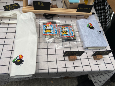 A Molotov cocktail patch on a bag and a diary for sale at an alternative Lunar New Year market in Sai Ying Pun, Hong Kong, Jan. 19, 2020.