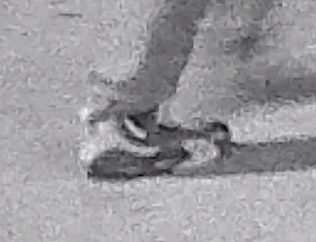 A grainy image of the shoes worn by the suspect sought in connection with the pipe bombs found at the Republican and Democratic national committees