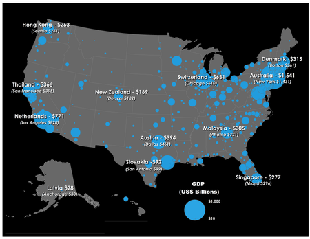 A map that compares the GDP of countries with the revenues of US cities