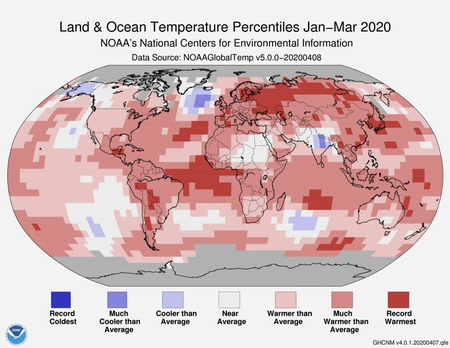 Land and ocean temperature percentiles from January to March 2020