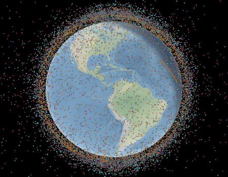 A model of Earth is covered with debris represented as dots around it.