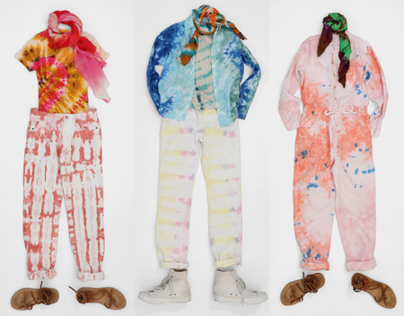 Lots of tie-dyed clothes combined together by the fashion label Alex Mill