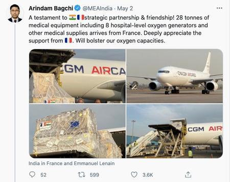 Tweet showing aid from France.