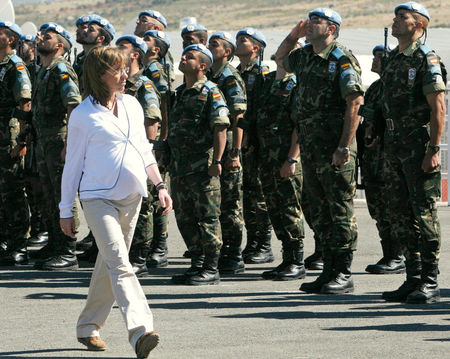 Spaish Defense Minister Carme Chacon reviews an honor guard of the Spanish United Nations peacekeeping force in Lebanon.