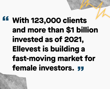 Graphic illustration of quote: &quot;With 123,000 clients and more than $1 billion invested as of 2021, Ellevest is building a fast-moving market for female investors.&quot;