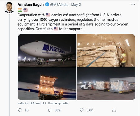 Tweet showing Covid-19 aid from the US.