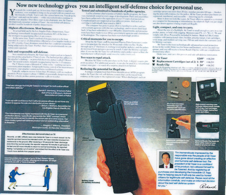 Page from a Sharper Image catalog showing Air Taser Model 34000 which looks like an electric shaver