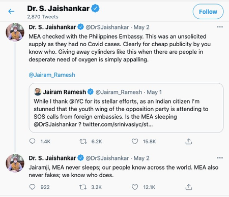 Foreign minister S Jaishankar sparred with his political opponent on Twitter over relief to the Philippines embassy.