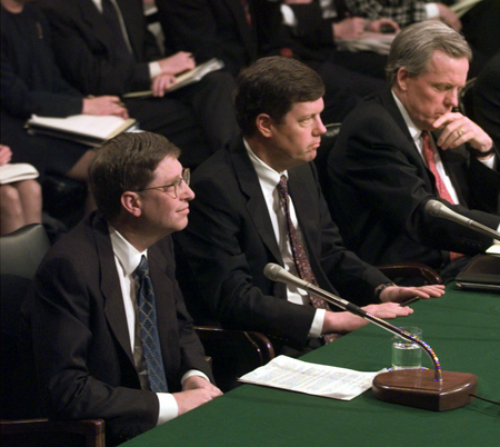 Microsoft President Bill Gates, left, along with Sun Microsystems President Scott McNealy, center, and Netscape Communication President Jim Barksdale testify before the Senate Judiciary Committee hearing on anticompetitive issues and technology on Capitol Hill Tuesday March 3, 1998. A marriage of America Online and Netscape would create a single Internet company with remarkable reach across the high-tech world _ enough influence even to challenge Microsoft&#039;s dominance in key areas. Officials from AOL and Netscape continue talking Monday, Nov. 23, 1998, in an effort to reach a deal. (AP Photo/File, Joe Marquette)