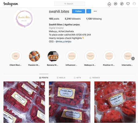 The Swahili Bites page on Instagram, showing red swahili sweets.