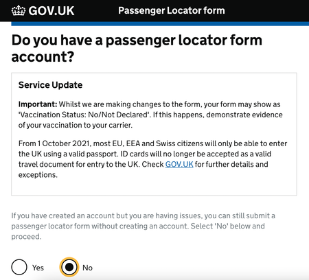 UK passenger locator form