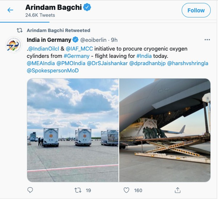 Tweet showing aid from Germany to India.