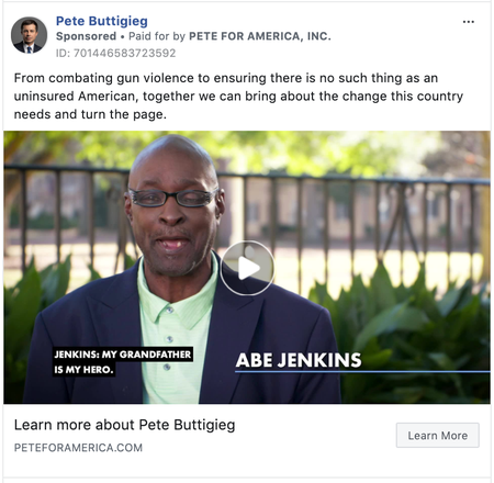 an ad from Pete Buttigieg that says &quot;From combating gun violence to ensuring there is no such thing as an uninsured American, together we can bring about the change this country needs and turn the page.&quot;