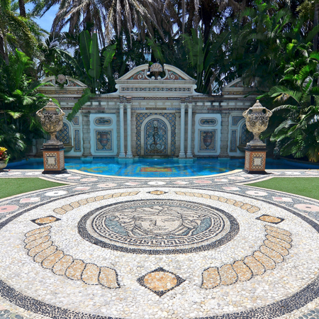 The mosaic on the the patio of the South Beach mansion formerly owned by fashion designer Gianni Versace in Miami Beach, Florida July 23, 2013. Versace spent $33 million renovating the house, which features a 54-foot mosaic pool lined with 24-karat gold, according to Fisher Auction Company. The mansion will be offered for sale at an auction on September 17, 2013.
