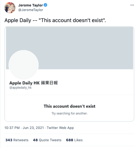Apple Daily&#039;s social media account is gone from Twitter on June 24, 2021.