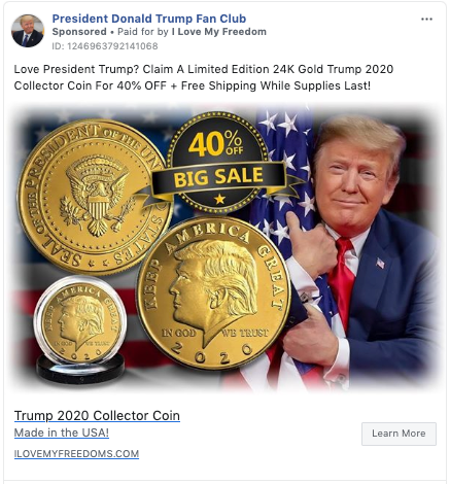 a Facebook ad for a Trump coin from a Facebook page called &quot;President Donald Trump Fan Club&quot;