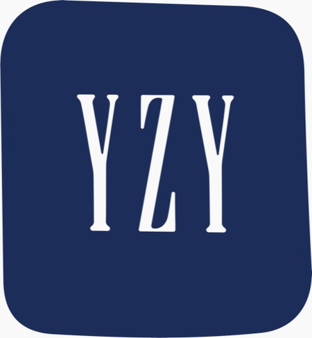 The Yeezy Gap logo, which is the letters &quot;YZY&quot; in the Gap font on a navy background